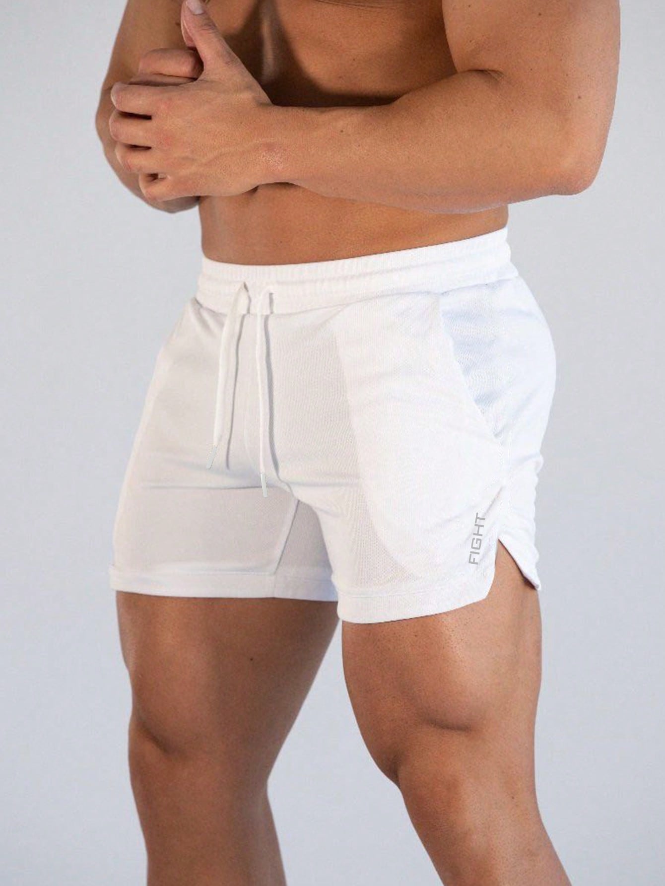 Manfinity Sport Corelite Boyfriend Style Men Solid Drawstring Waist Split Hem Sports Shorts, White Shorts Gym Shorts