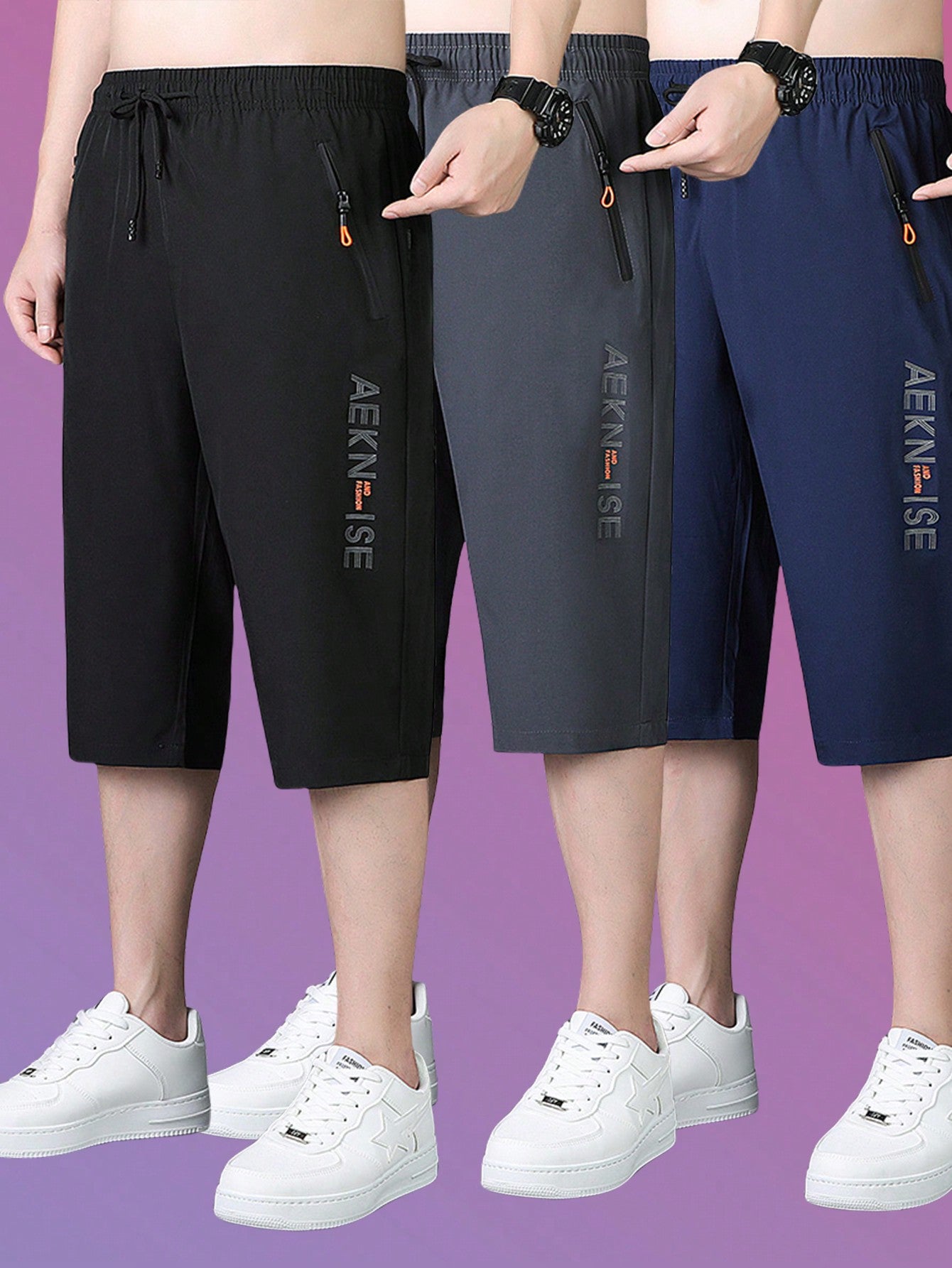 3pcs Boyfriend Style Men's Quick-Drying Breathable Outdoor Sports 3/4 Pants For Running, Cycling And Casual Wear