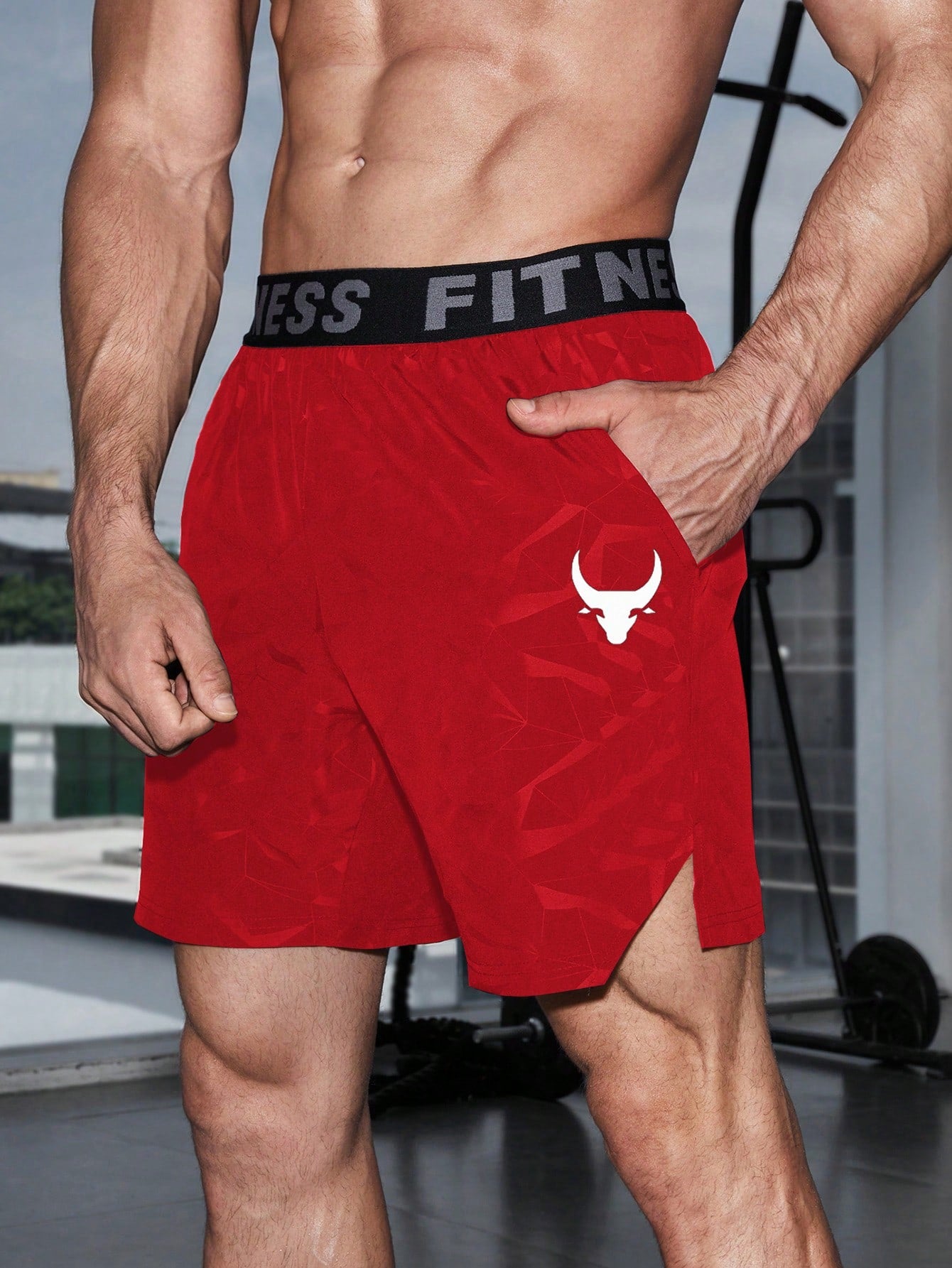 Manfinity Sport PWRUP Boyfriend Style Men's Bull Print & Letter Webbing Casual Shorts,Gym Clothes