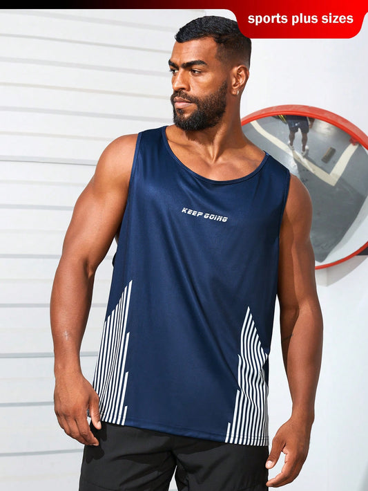 Plus Size Men's Letter & Striped Print Casual Sports Vest