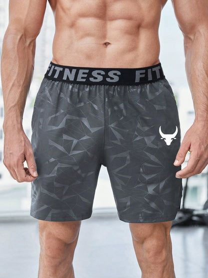 Manfinity Sport Streetwear Boyfriend Style Men's Bull Print & Letter Webbing Casual Shorts,Gym Clothes