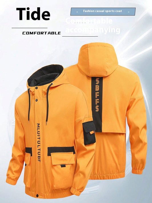 Men's Casual Sports Hooded Jacket Bomber - With Printed Pattern, Comfortable, Arm Pockets, Wind-Resistant Cuffs; Suitable For Running, Fitness, Exercise And Outdoor Activities