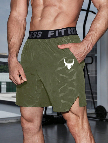 Manfinity Sport PWRUP Boyfriend Style Men's Bull Print & Letter Webbing Casual Shorts,Gym Clothes