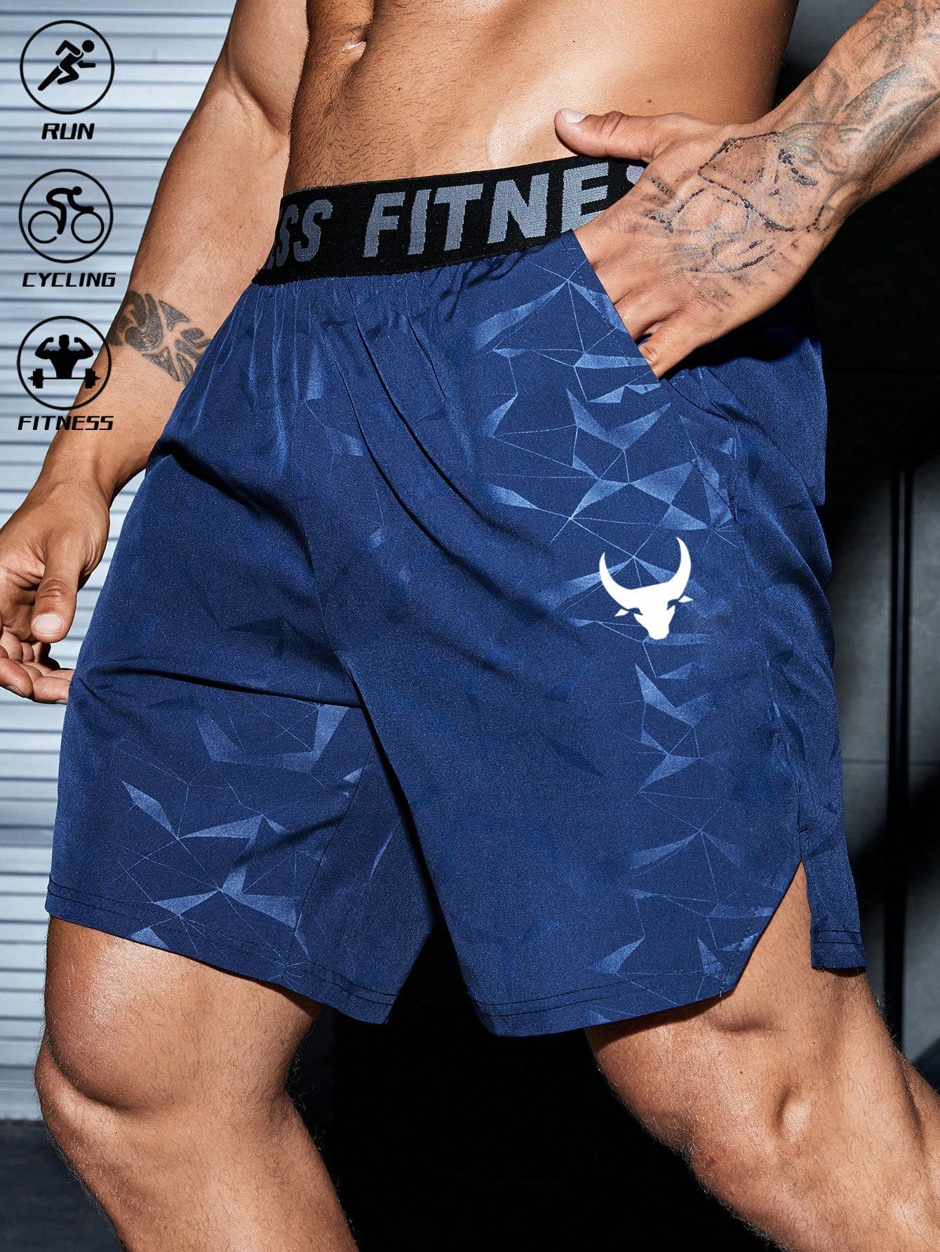 Manfinity Sport PWRUP Boyfriend Style Men's Bull Print & Letter Webbing Casual Shorts,Gym Clothes