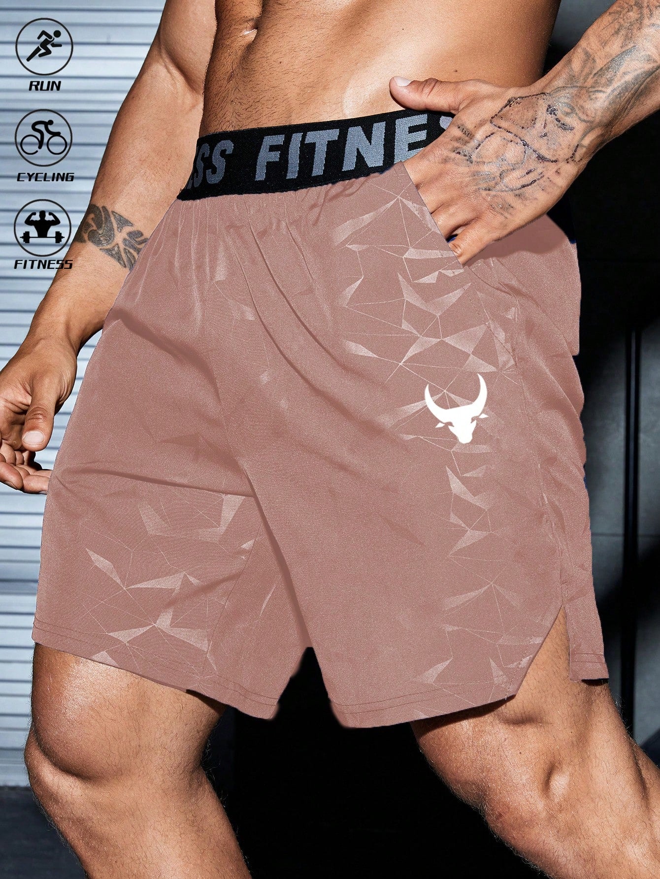 Manfinity Sport PWRUP Boyfriend Style Men's Bull Print & Letter Webbing Casual Shorts,Gym Clothes