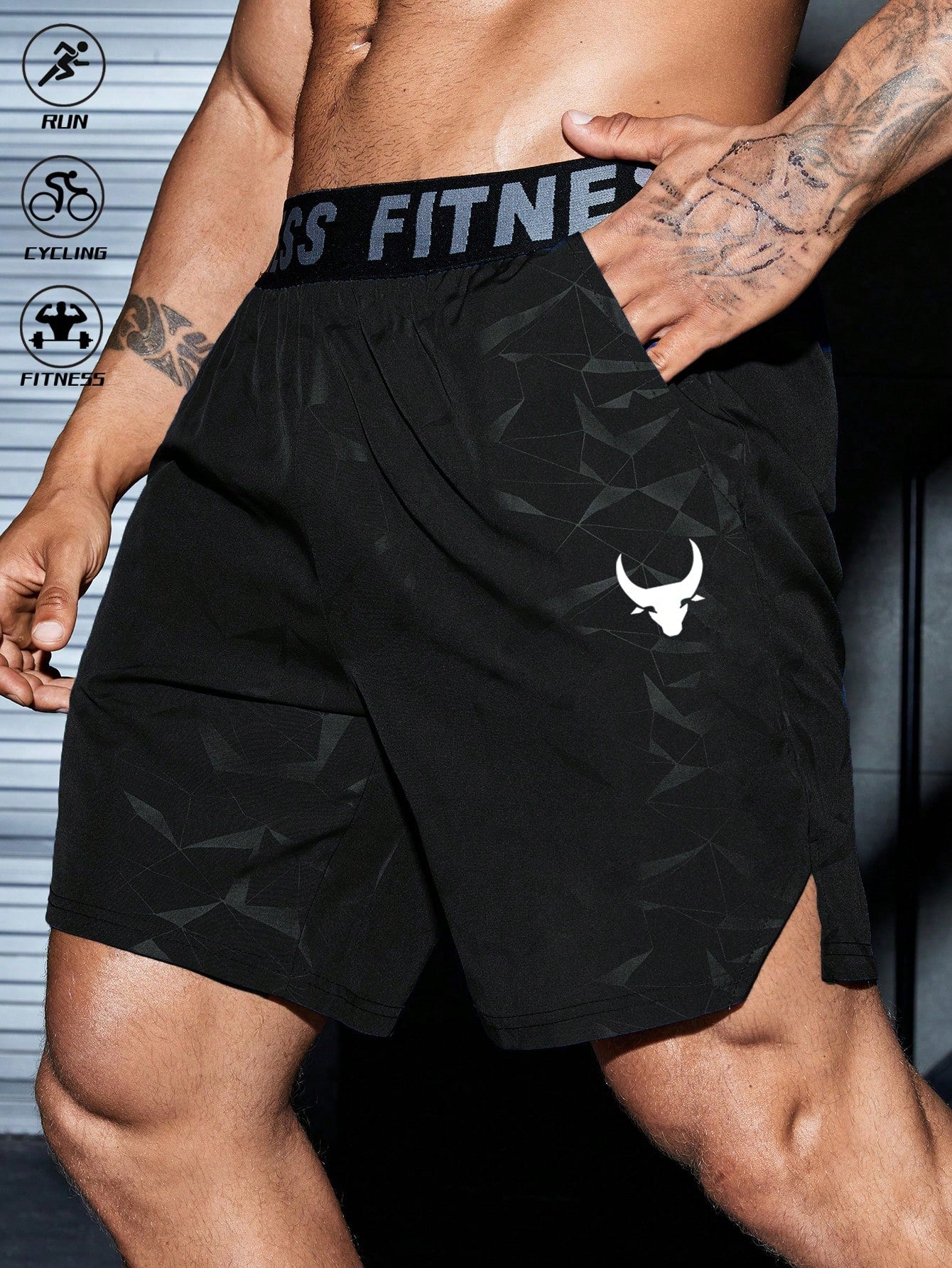 Manfinity Sport PWRUP Boyfriend Style Men's Bull Print & Letter Webbing Casual Shorts,Gym Clothes