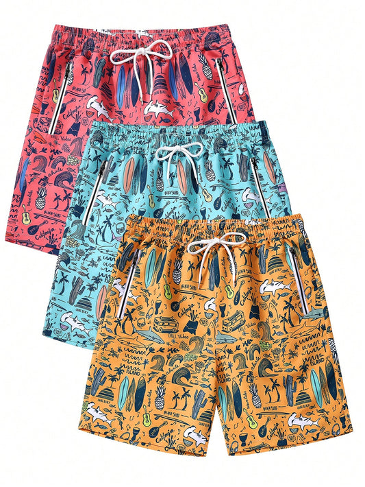 Men's Cartoon Printed Quick Drying Loose Casual Shorts, Suitable For Vacation & Leisure Summer