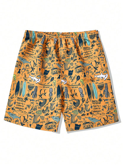 Men's Cartoon Printed Quick Drying Loose Casual Shorts, Suitable For Vacation & Leisure Summer