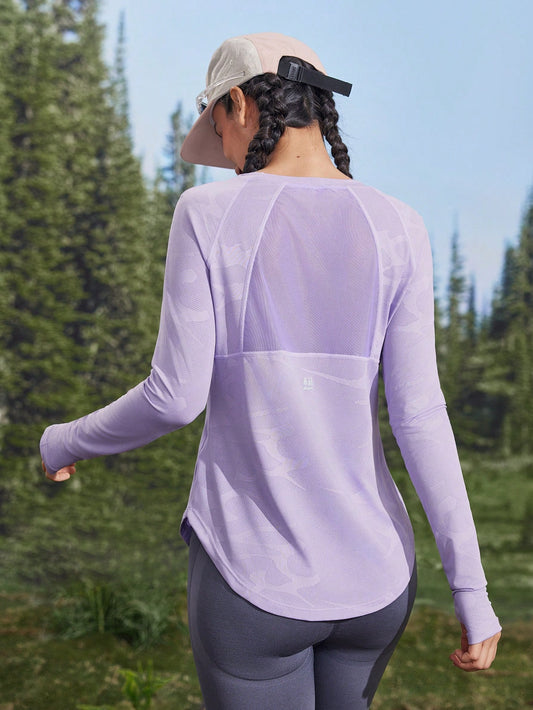 In My Nature Women's Yoga Pilates Sports Fitness Running Training High Stretch Breathable Mesh Patchwork Fingerless Outdoor T-Shirt, Purple