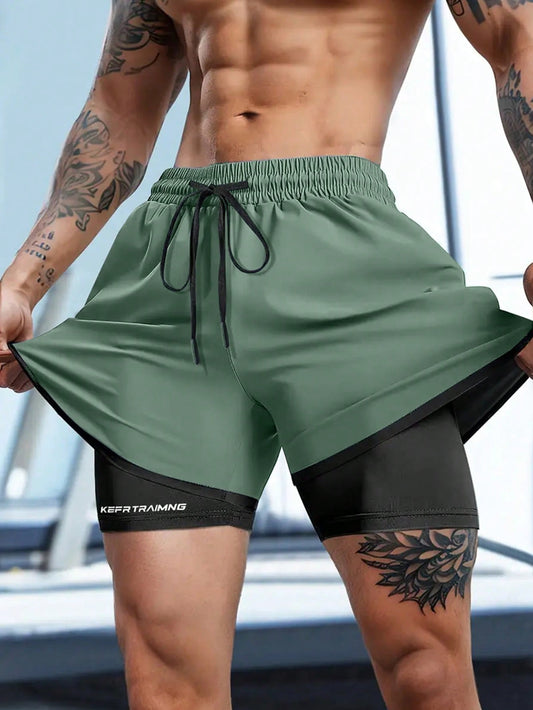 1pc Men's 2-In-1 Sports Shorts, Elastic Waist Casual Exercise Running Shorts With Lining, Spring/Summer