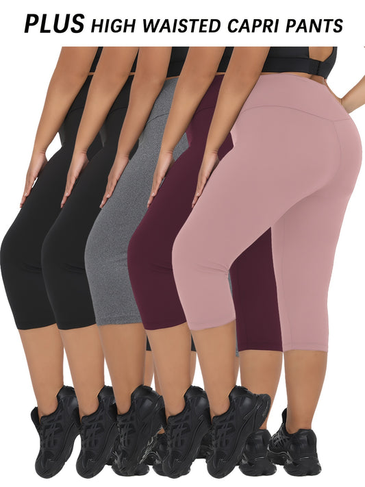 5-Pack High Waisted Capri Yoga Pants for Women, Plus Size Polyester Stretch Workout Leggings, Tummy Control Running Sports Tights, Solid Color, Non-Waterproof, Spring/Summer/Autumn Collection