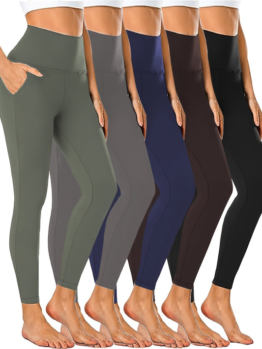 5pcs Women's High-Waist Slimming Leggings - Soft, Comfortable, Thick Stretch Pants with Pockets, Black, All-Season Casual Wear, Workout Leggings