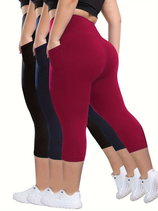 3 Packs Plus Size Solid Capri Leggings, Stretchy Pocket Casual Leggings for Sports & Fitness