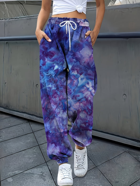 Plus Size Tie Dye Pockets Fitted Bottom Joggers, Casual Drawstring Waist Sporty Pants For Spring & Summer, Women's Plus Size Clothing