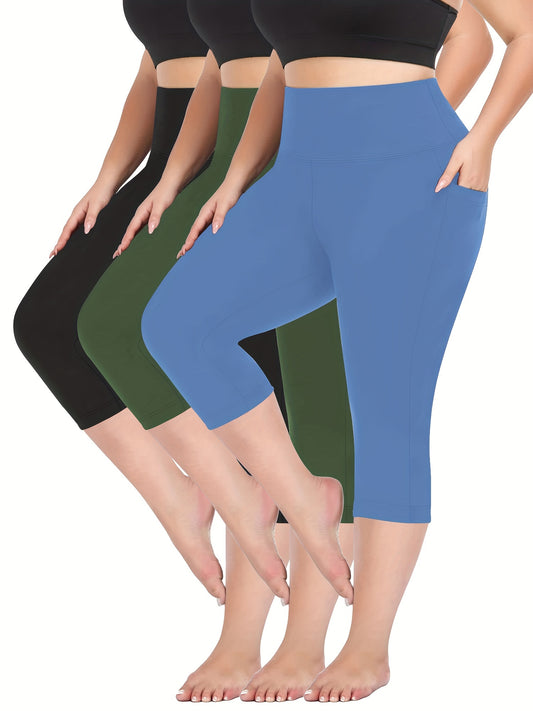 3pcs Plus Size High-Waist Pocket Capris - Stretchy & Comfortable Polyester Blend, Mid-Calf Length with Side Pockets, Machine Washable - Ideal for Spring/Summer/Fall