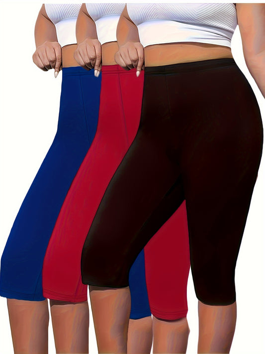 A Set of Three Popular Extended Plus-Size Sports Capris, Women'S Solid Color Stretchy Mid-Length Leggings.